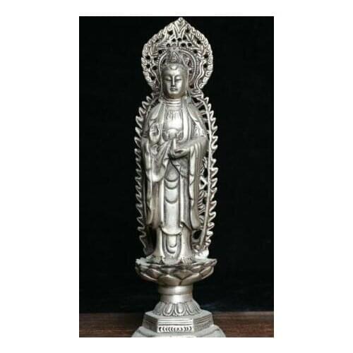 7.8" China Silver Buddhism Stand Guanyin Kwan-yin Goddess Backlight Base Statue