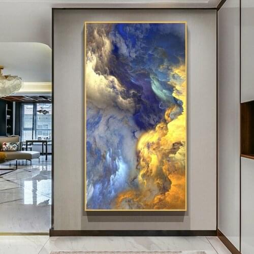 Abstract Golden and Blue Cloud Mist Nordic Wall Art Canvas Posters and Prints Modern Art Fantasy Picture for Living Room Decor
