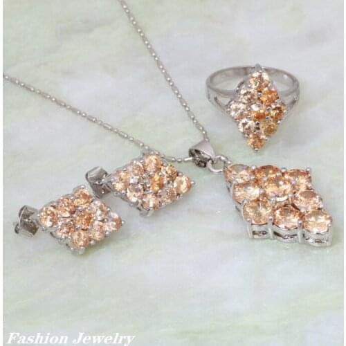 Promotion Fashion Jewelry Sets Champagne Morganite Jewelry Set Silver Color Pendants/Ring/Earring Size 6.5 7.5 7 8 S014