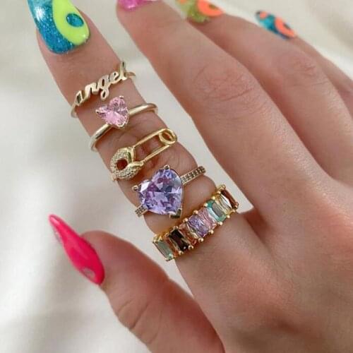 White Pink Purple Colorful Gold Color Vermeil Jewelry Micro Pave Sparking 5A Cubic Zirconia Heart Shaped CZ Wedding Women Rings