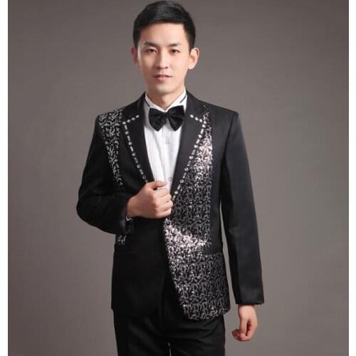 Black mariage groom wedding suits for men sequins blazer boys prom suits fashion slim masculino latest coat pant designs singer