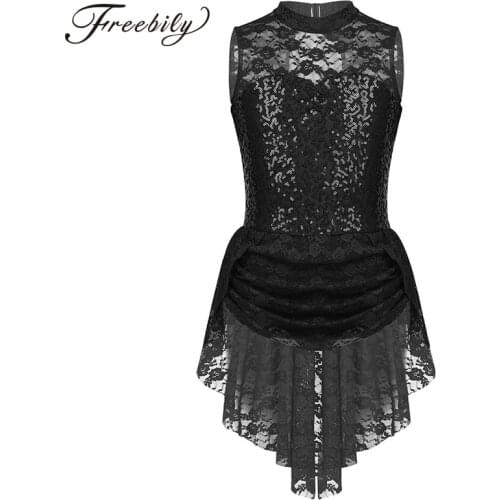 Kids Sleeveless Sequins Floral Lace Ballet Figure Ice Skating Dress Girls Ballet Gymnastics Leotard Competition Dance Costume