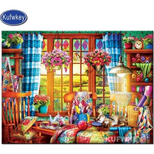 Full drill square 5d diy diamond painting Tailor shop Diamond mosaic Cross Stitch Diamond Embroidery cat and Tailoring tools