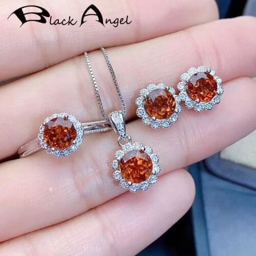 BLACK ANGEL New Sunflower Wedding Jewelry Set Luxury Orange Red CZ Gemstone Stud Earrings Necklace Resizable Rings For Women