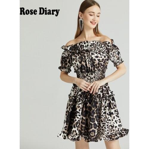 RoseDiary Summer Fashion Ruched Slash Collor Leopard Print Mini Short Dress Elasit High Waist Women Casual A Line Dresses Robes