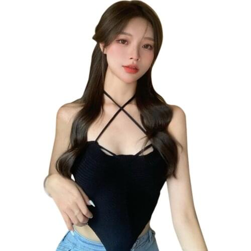 Summer Knitted Cross Halter Solid Color Tank Top Sling Women Bellyband Slim Short Vest