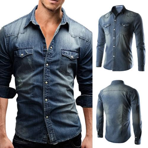 Men Fashion Slim Fit Button Down Jeans Shirt Tops Casual Long Sleeve Denim Tee Shirts