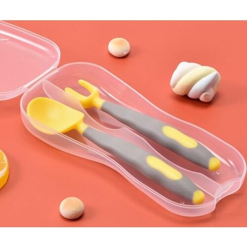 Baby Silicone Spoon Set Children Bending Fork Spoon Training Set Food Fruit Fork Spoon Practice Tableware Utensils with Box