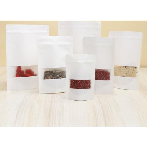 Wholesale 100pcs/lot White Kraft Paper Standup Zipper Bags Gift Packaging Bags With Window Foods Candy Coffee Bags Jewelry Bags