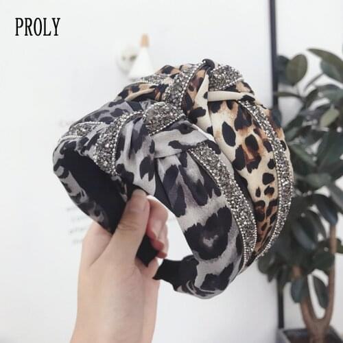 PROLY New Fashion Women Hairband Classic Leopard Print Headband Wide Side Rhinestone Hair Accessories For Adult Turban