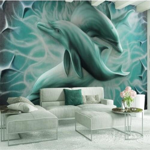 Wellyu 3D embossed Dolphin TV sofa background wall painting custom large mural green wallpaper papel de parede para quarto