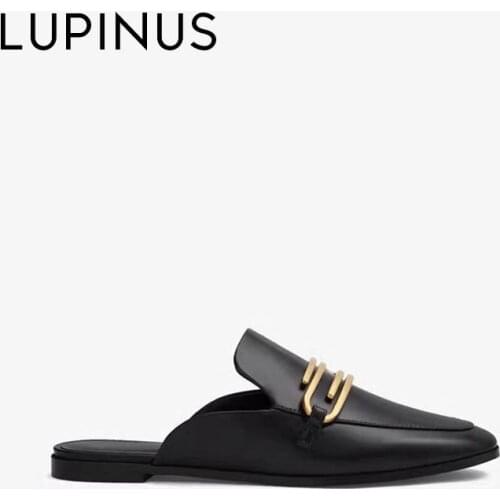 British Style Breathable Slippers Metal Buckle Flat Mules Shoes 2021 Autumn New Half Slippers Womens Shoes Woman