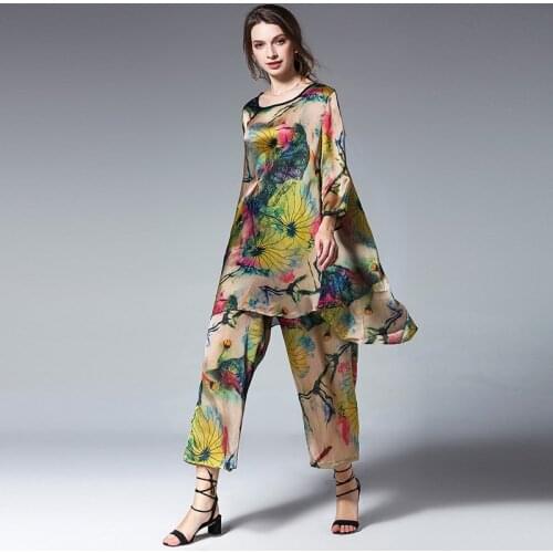 Womens Plus size Casual suits loose print silk lotus Elegant two piece Summer new tops and pants Elastic waist crew neck suit