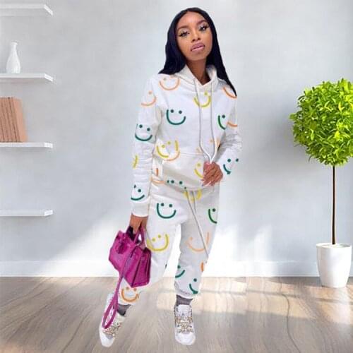 Smile Hoodie Two Piece Set Tracksuit for Women Hooded Full Sleeve Sweatshirt and Jogger Sweatpant Casual Sporty Two Piece Suits