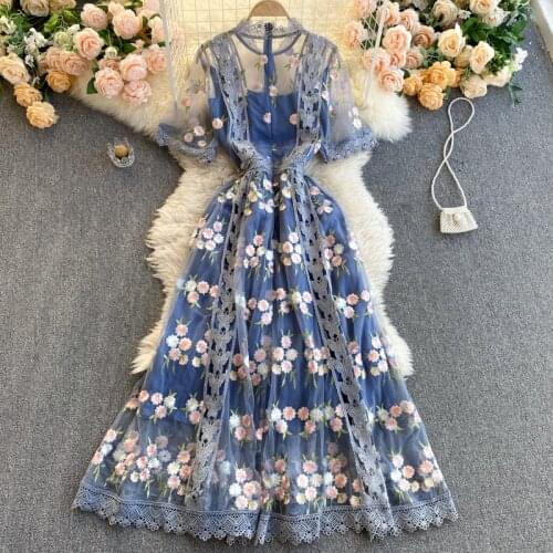 New Summer Runway Flower Embroidery Dress Womens Flare Sleeve Stand Floral Blue Hollow out Embroidered Long Mesh Dresses