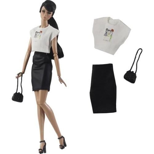 1/6 BJD Clothes White Cartoon Sleeveless Shirt Black Skirt For Barbie Dolls Clothes Set Handbag Outfits 30cm Doll Accessory Toys