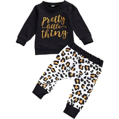 2020 New Fall Autumn 0-24M Infant Baby Girl 2Pcs Set PRETTY LITTLE THING Long Sleeve Letter Print Top+Leopard Print Trousers