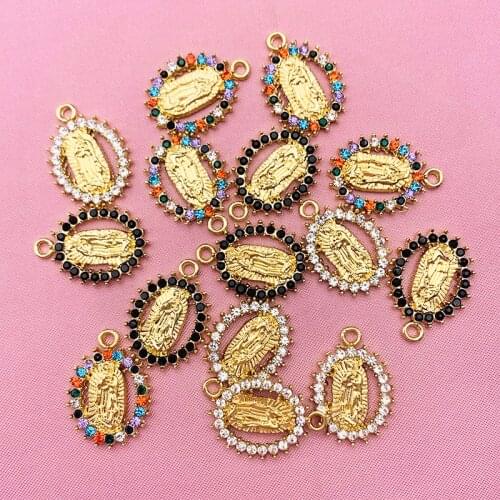 5Pcs Colorful Rhinestone Oval Virgin Mary Coin Charms Zinc Alloy Golden Portrait Coins Charm For DIY Jewelry Making Accessories