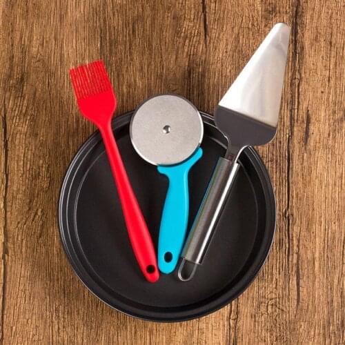 Non-Stick Thicken Round Pizza Baking Pan Tray with Roller Scraper Silicone Brush convenient to use, easy to make pizza at home