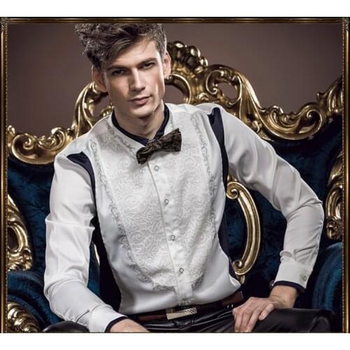 Free Ship New fashion casual male mens Long Sleeve stitching Lace Wedding FanZhuan party dress anti wrinkle white shirt 14201