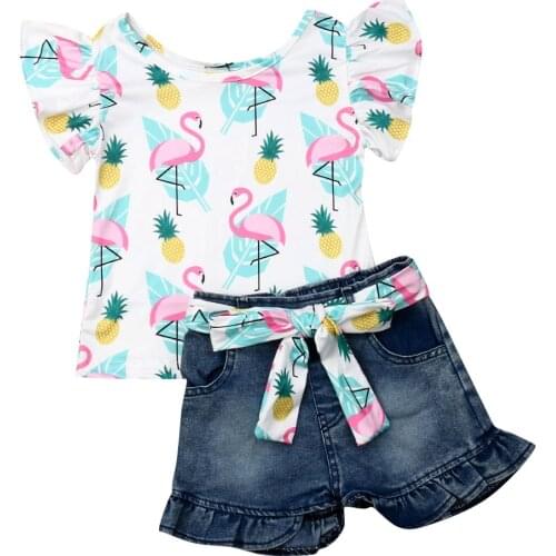 1-6Y Toddler Kid Girls Clothes Set Summer Flamingo Girls Costumes Ruffles T shirt + Bow Denim Short Outfit Beach Clothes