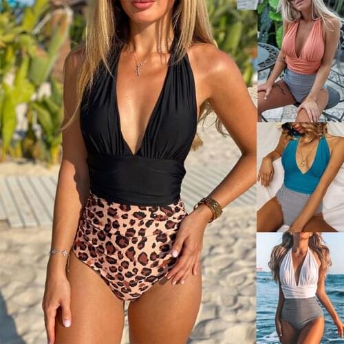 Women Color Block Swimsuit Adults Tie Up V-neck Halter Swimwear with Chest Pad