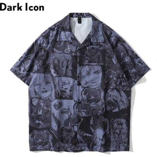 Dark Icon Cartoon Print Street Fashion Mens Shirt 2021 Summer Turn-down Collar Vintage Shirts for Man
