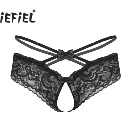 IEFiEL Mens Gay Lingerie Panties See-through Lace Crotchless Briefs Thongs Bowknot Low Waist Sissy Underwear Underpants