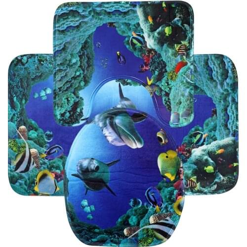 Flannel Blue Sea Theme Dolphin Shark Bathroom Mat Set 3 Pc Bathroom Carpet Pedestal Lid Mat Toilet Cover Set