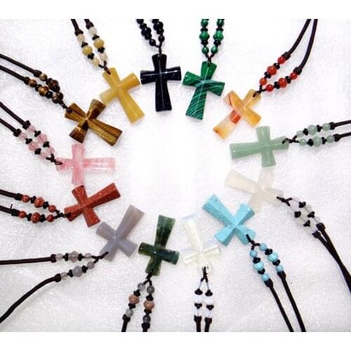 Natural stone Turquoises aventurine Quartz Crystal tiger eye Opal lapis cross charm Pendant for diy Jewelry making necklace