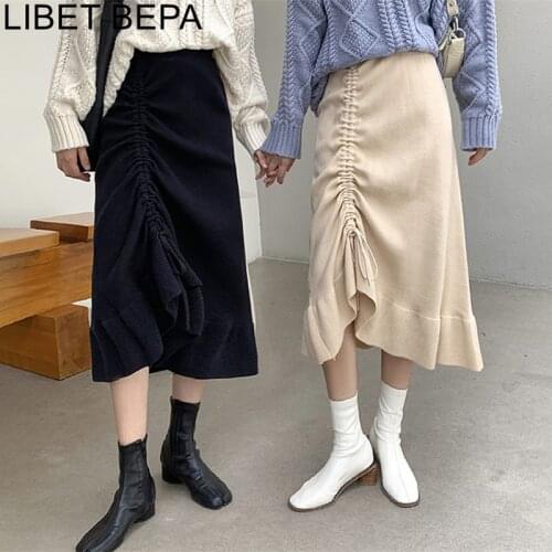 2021 New Spring Autumn Women A-Line Skirts High Waist Irregular Korean Style Fashionable Drawstring Knitting Midi Skirts SK4994