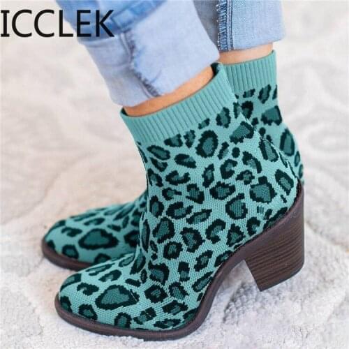 Autumn Winter Ankle Boots Women Plus Size Leopard Knitting Shoes Med Chunky Heels Slip on Sock Shoes