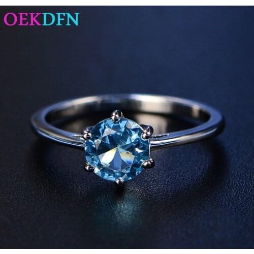 OEKDFN 100% 925 Sterling Silver 7MM Round Zircon Gemstone Birthstone Wedding Engagement Simple Ring Jewelry Size 5-12