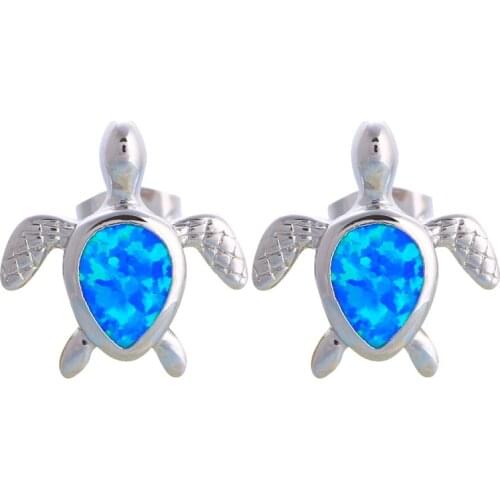Delicate Tortoise Design Stud Earrings for Girls Blue Fire Opal Silver Stamped Birthday Gifts Party Fashion Jewelry OE598A