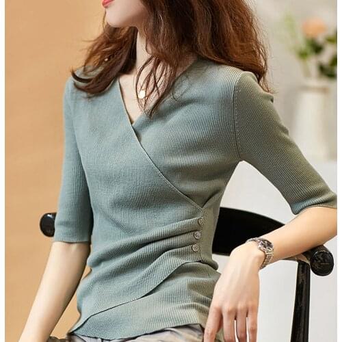 Chic casual Summer Basic Sweater pullovers Women v-neck Solid Knit Slim Pullover female short Sleeve thin Khaki Sweater jumper