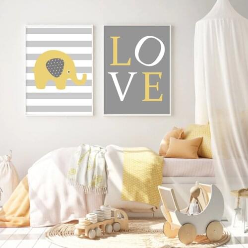 Yellow Elephant Love Dream Big Little One Nursery Canvas Painting Wall Art Prints Poster Pictures For Kid Bedroom decoration