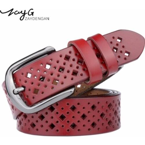 ZAYG women belt Cowhide leather Pin buckle geometric Hollow cowskin belts for women vintage Top quality fashion Female strap