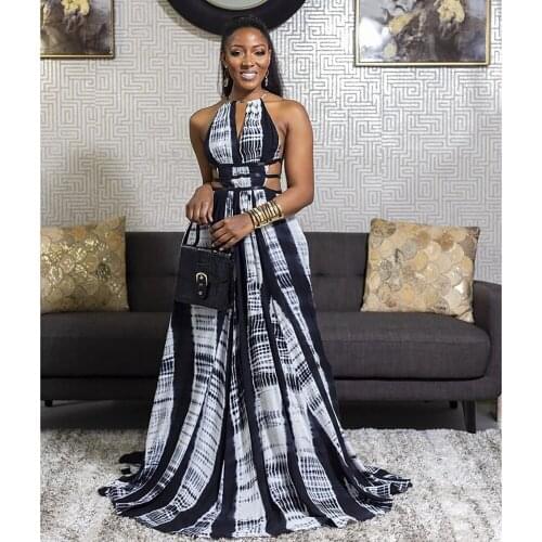 Women Retro Printed Backless Halter V Neck Summer Casual Female Lady Clothing Drawstring Floor Length Long Maxi Dresses