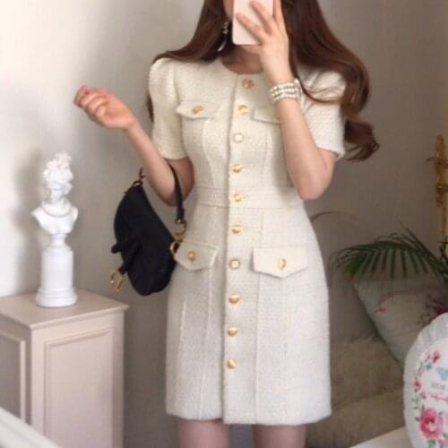 New Arrival Summer Runway Korean Chic Luxury Womens Tweed Dress Elegant Short Sleeve Sweet Female Slim Dresses Vestidos