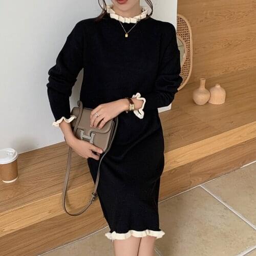 Women‘S Winter Fashion Contrast Color Flare Sleeve Knitted One-Piece Female Loose Korean Sweater Dress Ladies Clothing Vestido