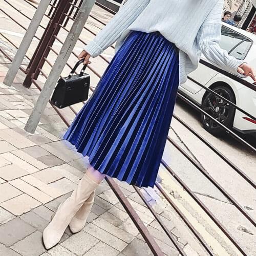 2019 Fashion Autumn Winter Pleated Skirt Womens Vintage High Waist Skirt Solid Long Skirts New Fashion Metallic Skirt Female #FT