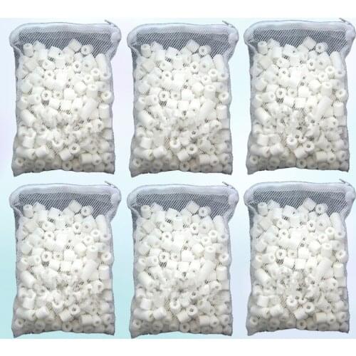 6 Packs Bio Porous Ceramic Rings with Mesh Bag Zipper for Pond Aquarium Canister Filter Fish Tank Filter Media (250g Each Pack)