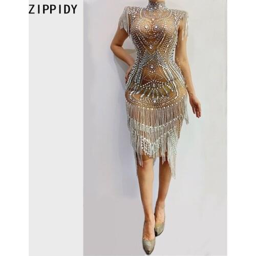 Glisten Silver Rhinestone Fringes Transparent Dress Women Dance Evening Outfit Birthday Crystal Chain Short Dress