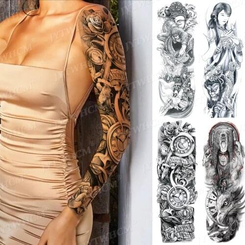 Large Arm Sleeve Tattoo Clock Rose Rose Waterproof Temporary Tattoo Stickers Japanese Body Leg Art Full Arm Fake Tatoo Women Men