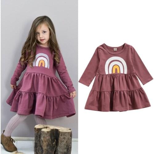 Childrens Dress Rainbow Print Mid-Length Girls Long-Sleeved O-Neck Ruffled Hem Casual Dress