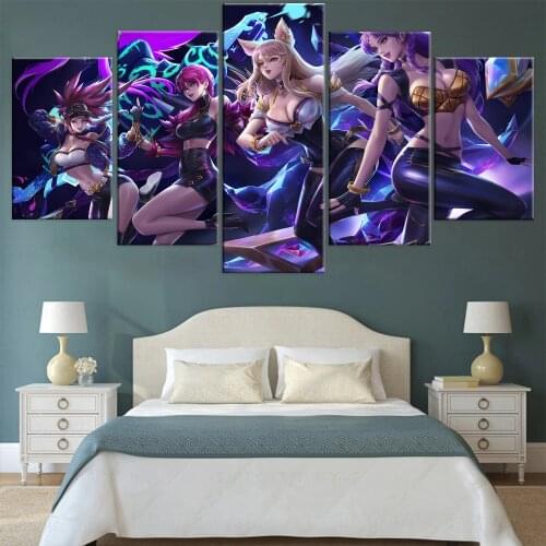 Home Decorative Wall Artwork Kda Ahri Akali Evelynn Kaisa League of Legends Game Poster 5 Piece Canvas Printing Modular Picture