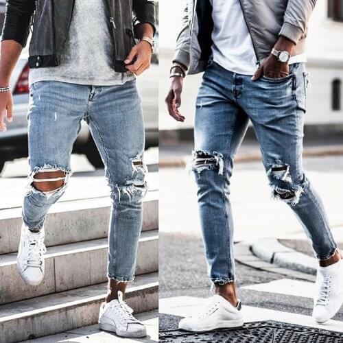 Mens Jeans Vintage Blue Color Skinny Destroyed Ripped Jeans Broken Punk Pants Homme Hip Hop Fashion Streetwear Jeans Men
