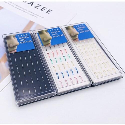 40Pcs/lot 0.8mm Colorful Stainless Steel Nose Hoop Nose Ring Stud With Box Labret For Women Body Piercing Jewelry