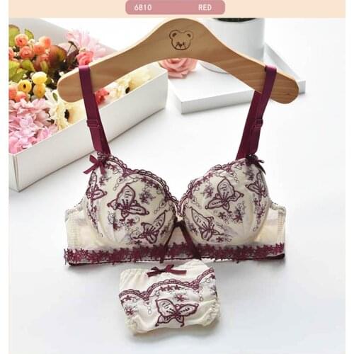 Japanese young lady butterfly embroidery bra set thin paragraph pad pad small bra cover underwear underwear