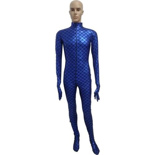Double front zipper halloween cosplay costume blue fish-scale patterns tights jumpsuit Bodysuit Zentai Suits Fancy no mask